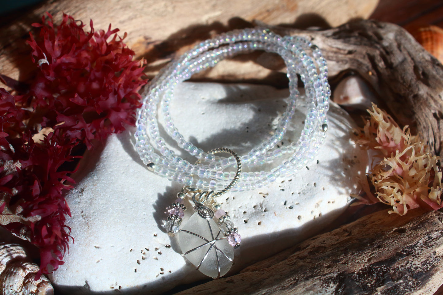 Rainbow Crystal Beaded Sea Glass Bracelet
