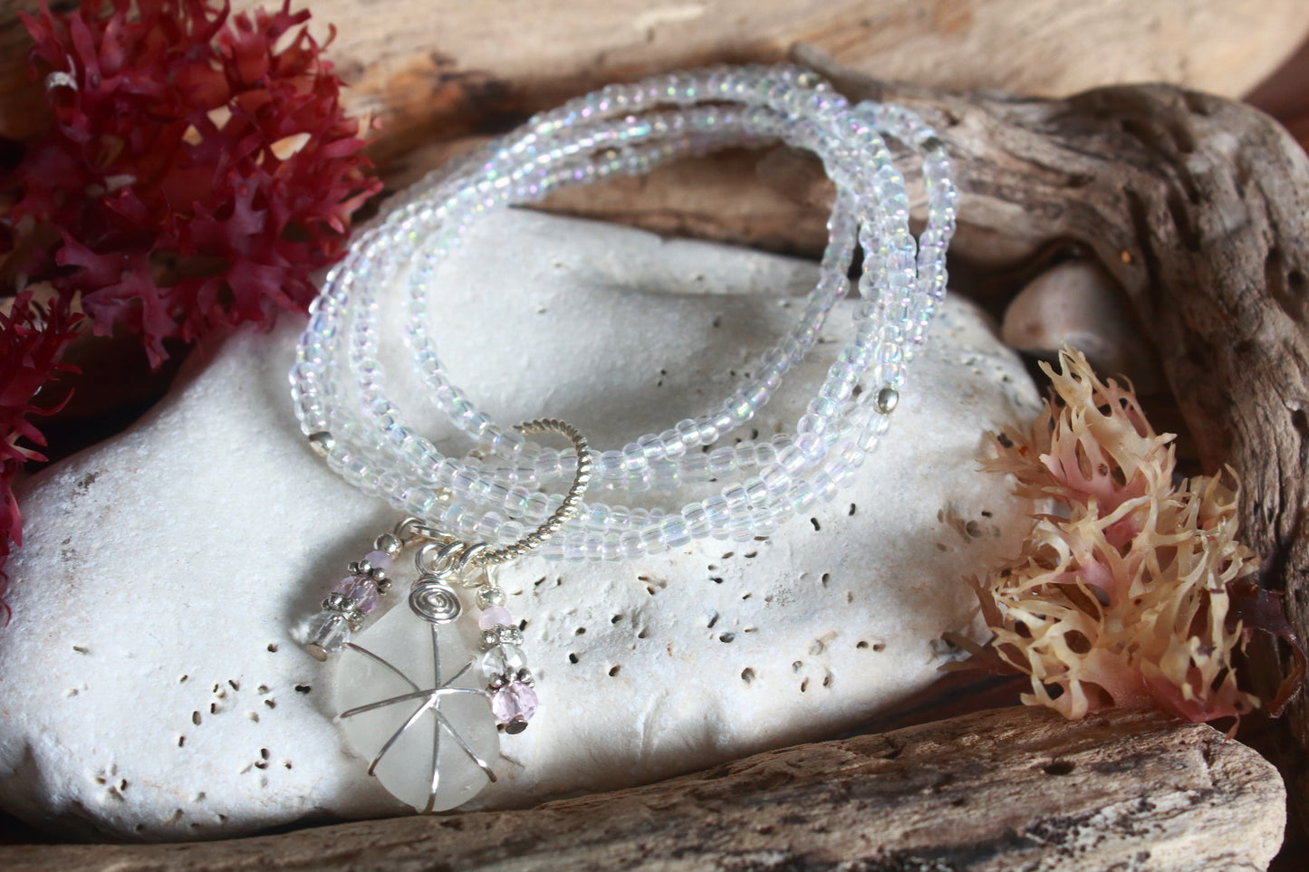 Rainbow Crystal Beaded Sea Glass Bracelet