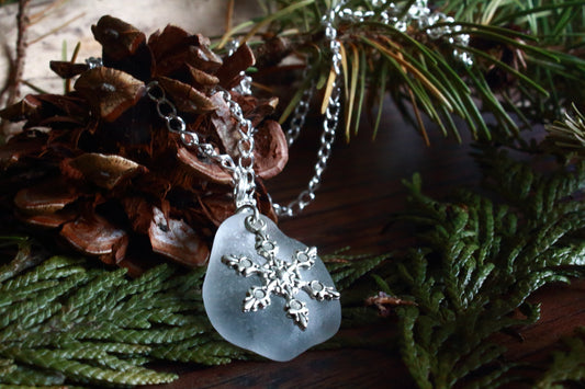 Winter Snowflake Charm Sea Glass Necklace