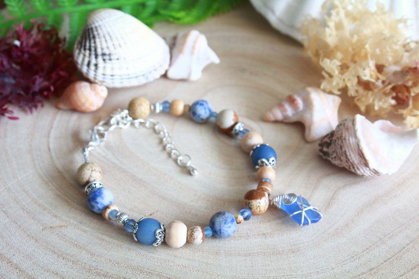 Sea & Sand Blue Irish Sea Glass Beaded Bracelet