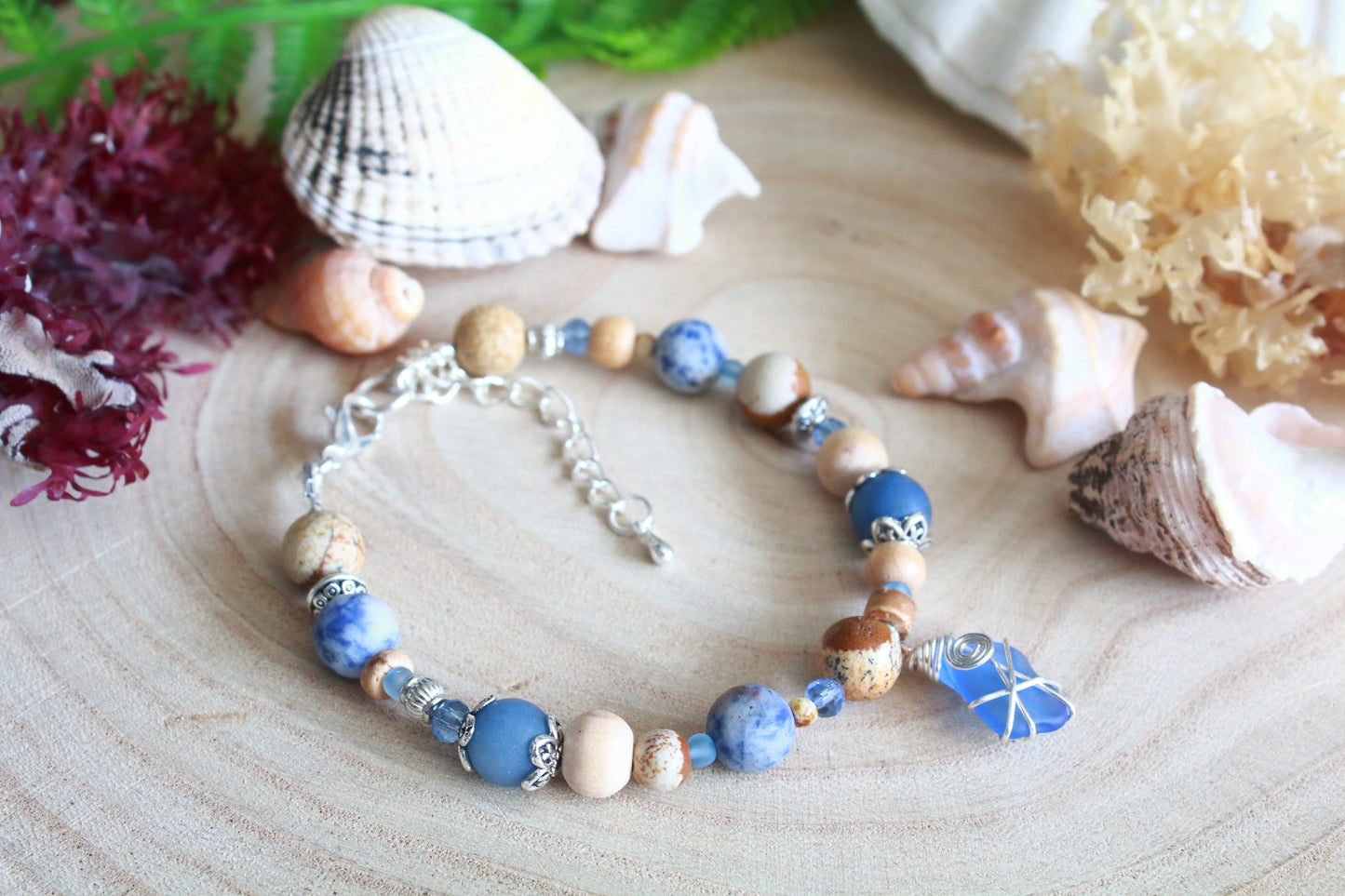 Sea & Sand Blue Irish Sea Glass Beaded Bracelet