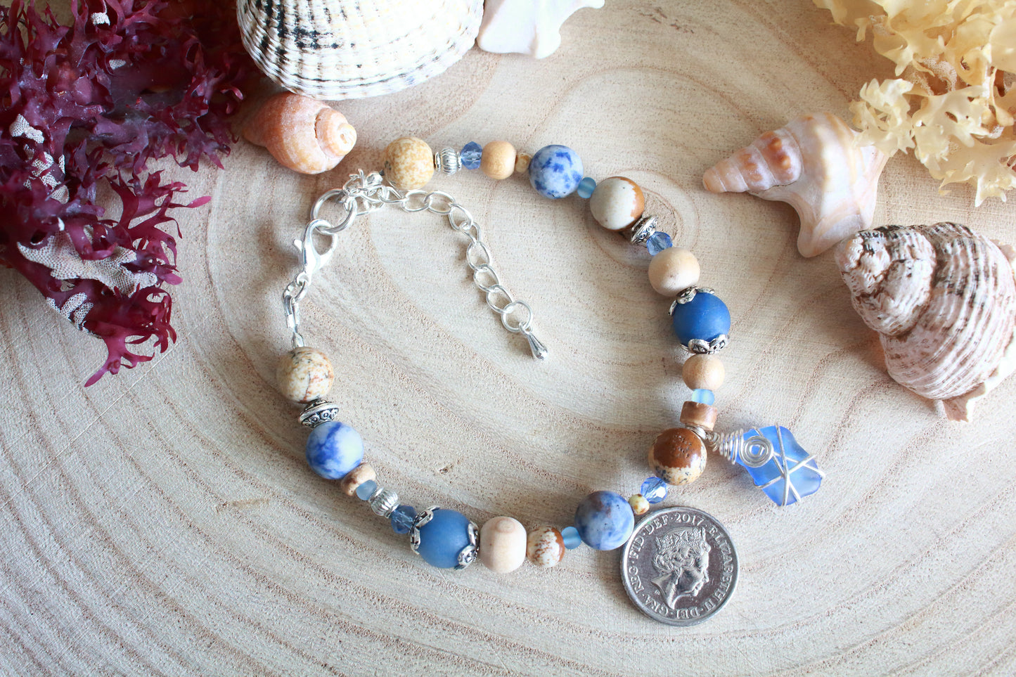 Sea & Sand Blue Irish Sea Glass Beaded Bracelet