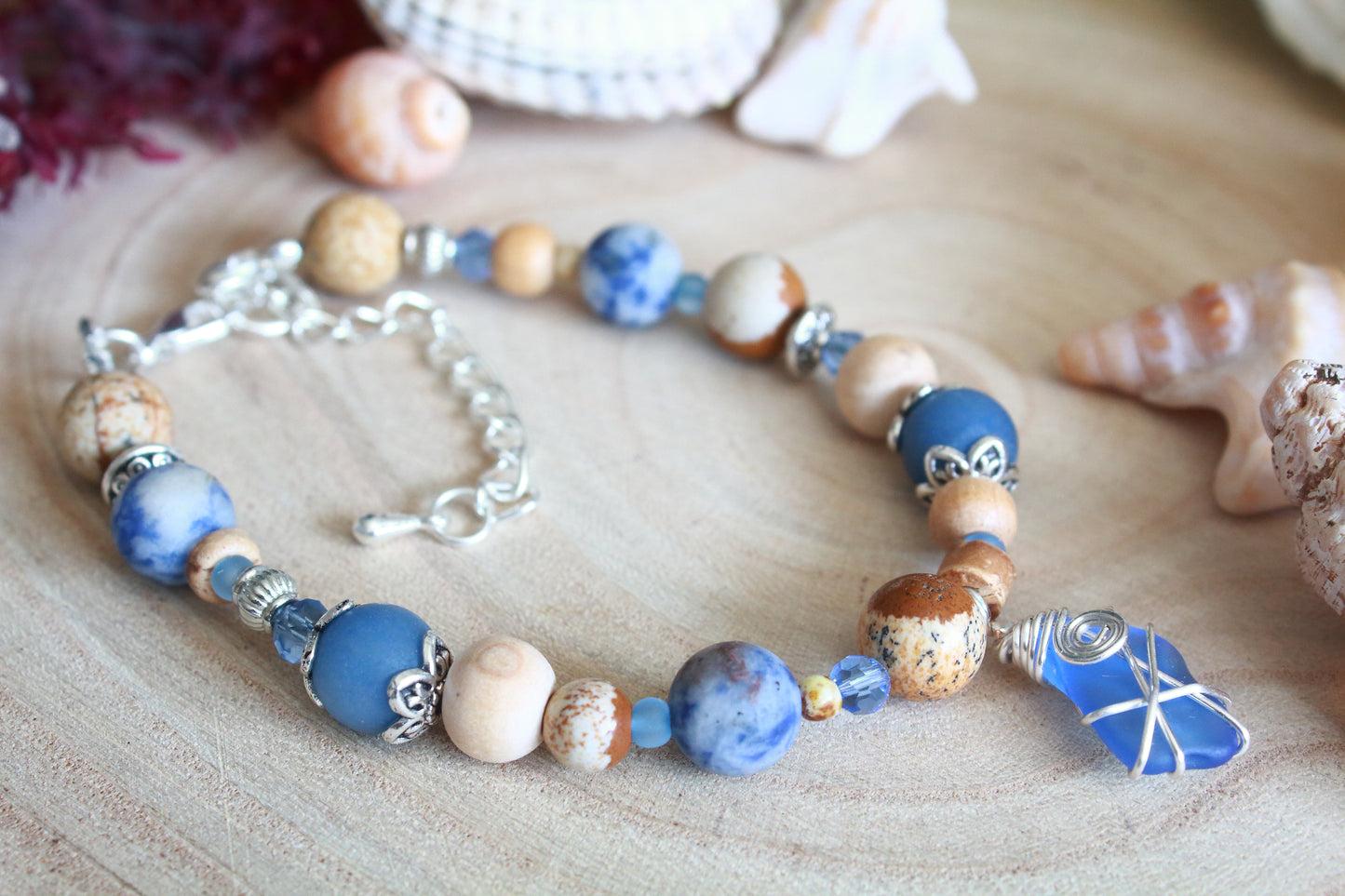 Sea & Sand Blue Irish Sea Glass Beaded Bracelet