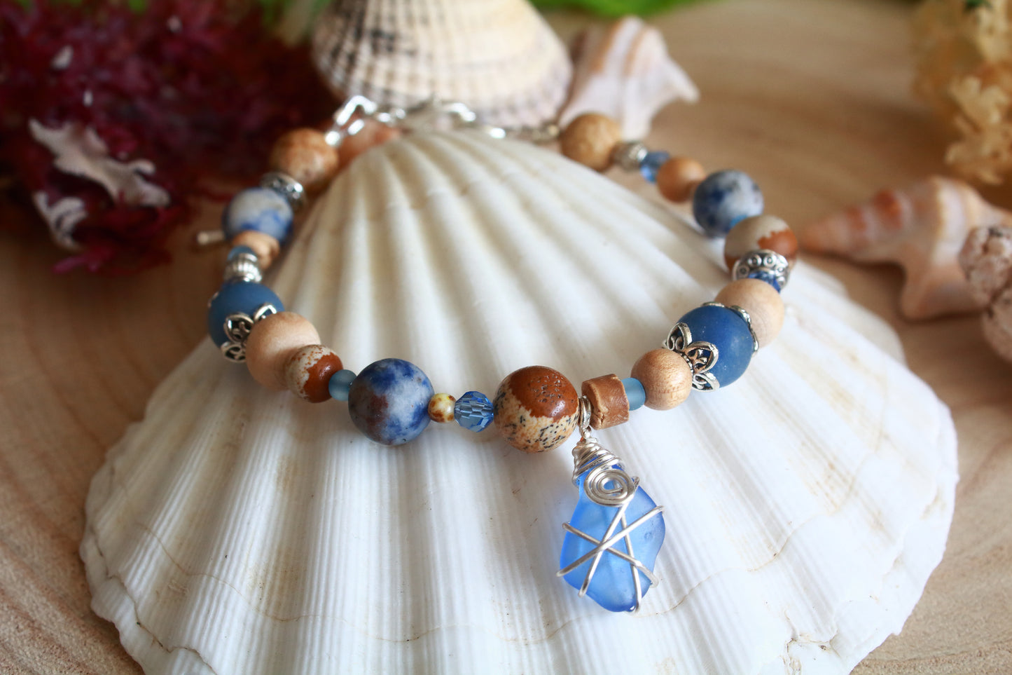 Sea & Sand Blue Irish Sea Glass Beaded Bracelet