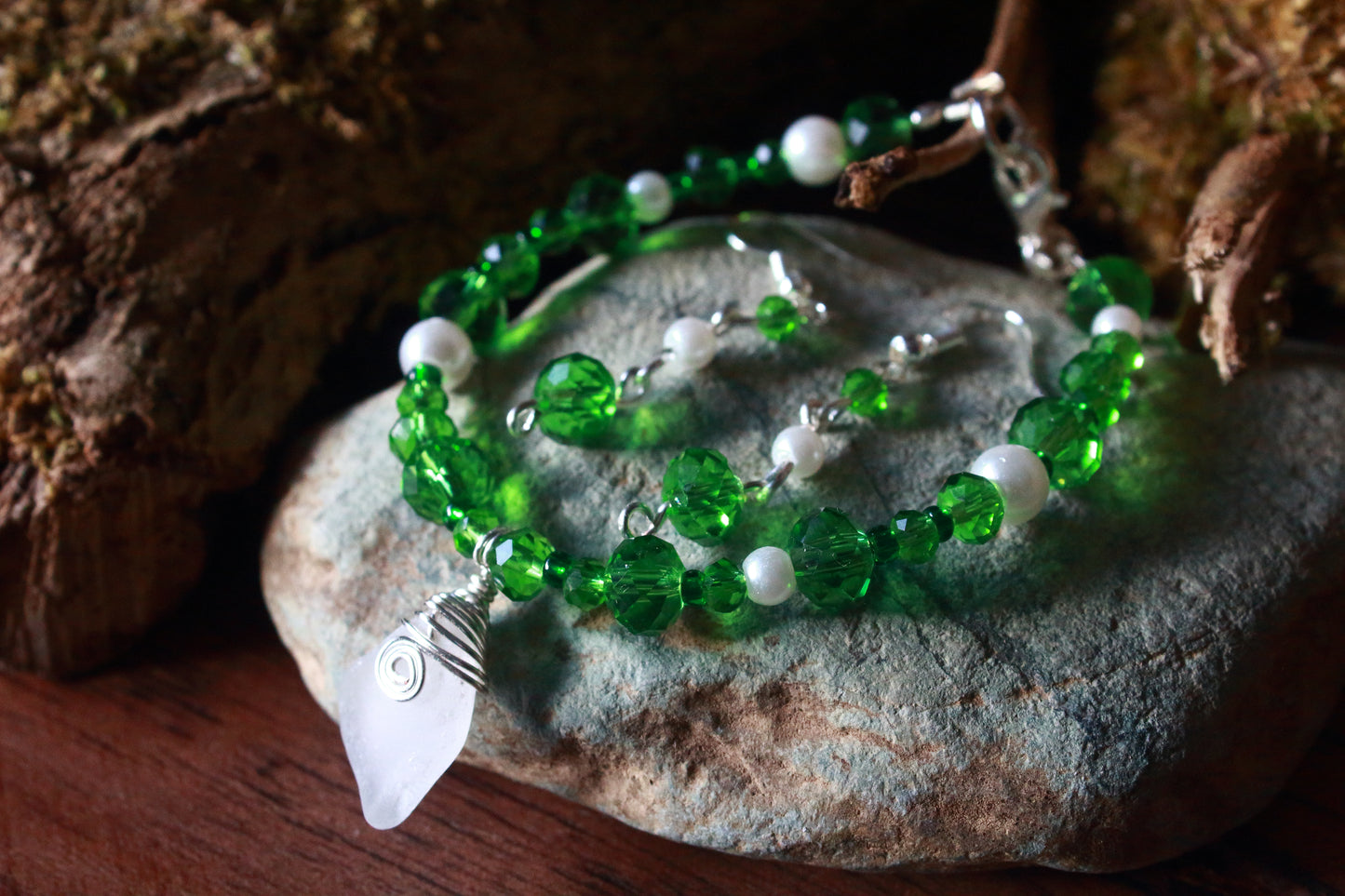 Green and White Sea Glass Bracelet & Earring Set, Snowdrop Inspired Jewellery