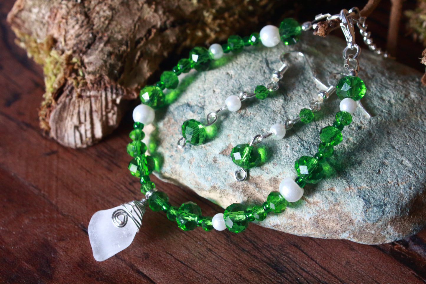Green and White Sea Glass Bracelet & Earring Set, Snowdrop Inspired Jewellery