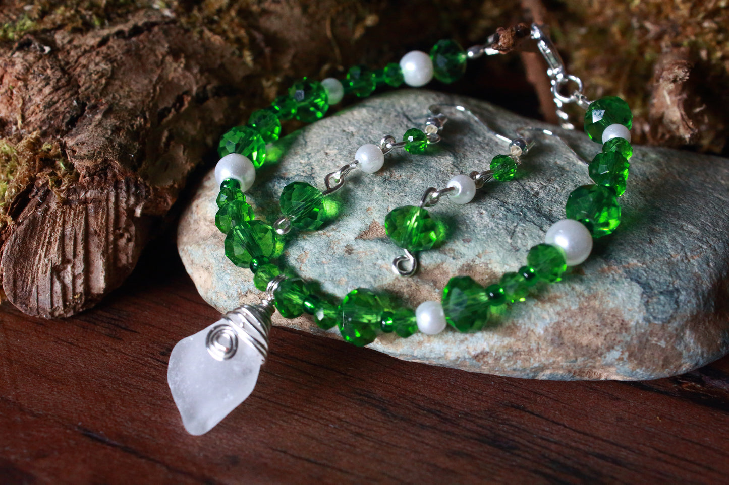 Green and White Sea Glass Bracelet & Earring Set, Snowdrop Inspired Jewellery