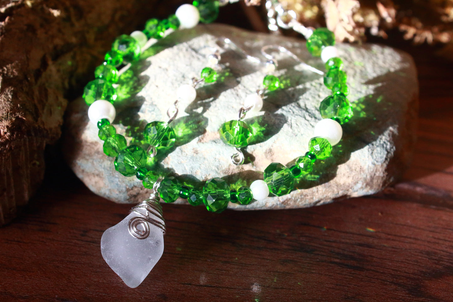 Green and White Sea Glass Bracelet & Earring Set, Snowdrop Inspired Jewellery
