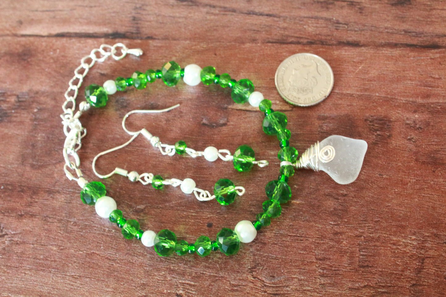 Green and White Sea Glass Bracelet & Earring Set, Snowdrop Inspired Jewellery