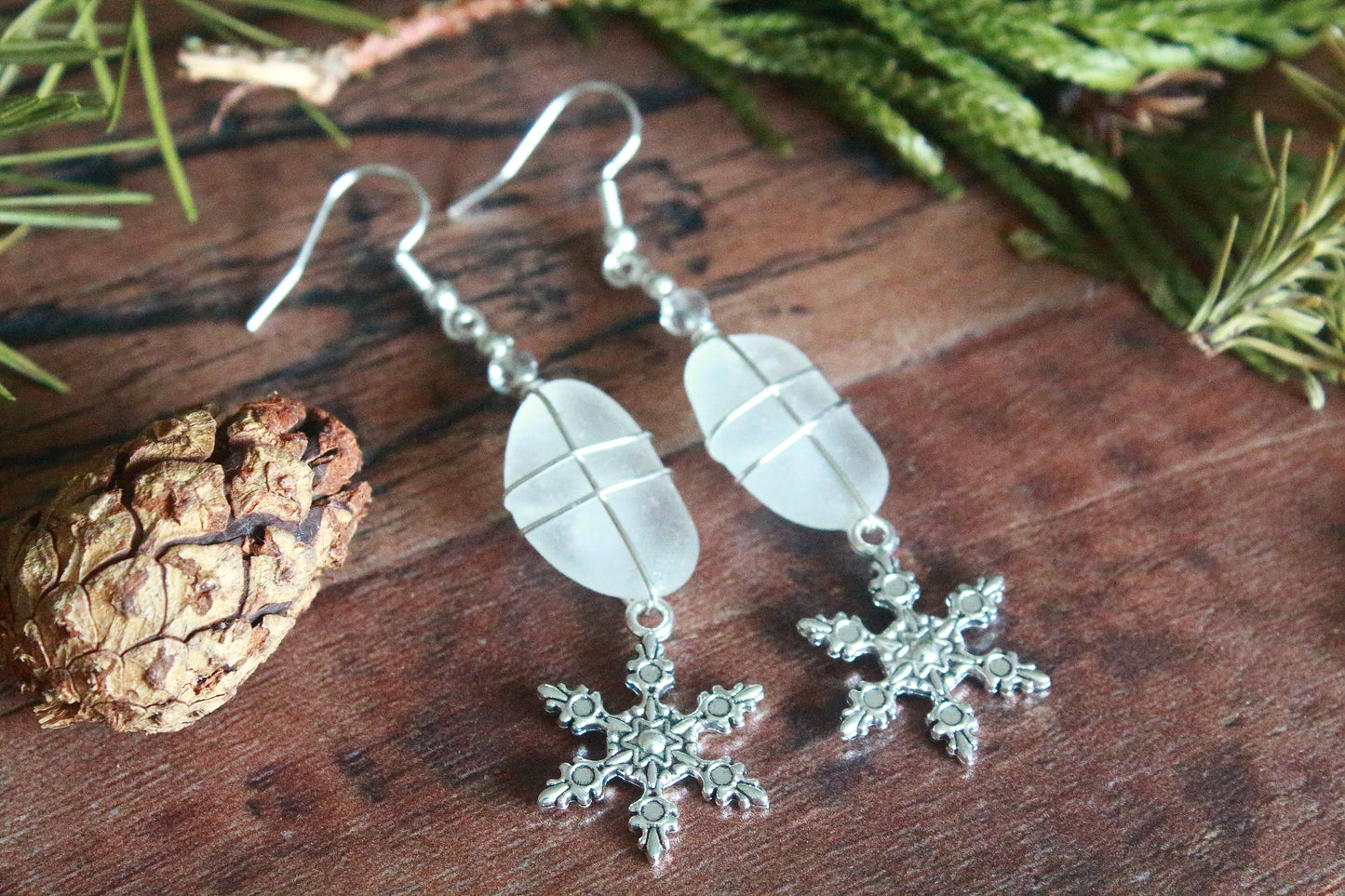 Winter Snowflake Charm Sea Glass Earrings