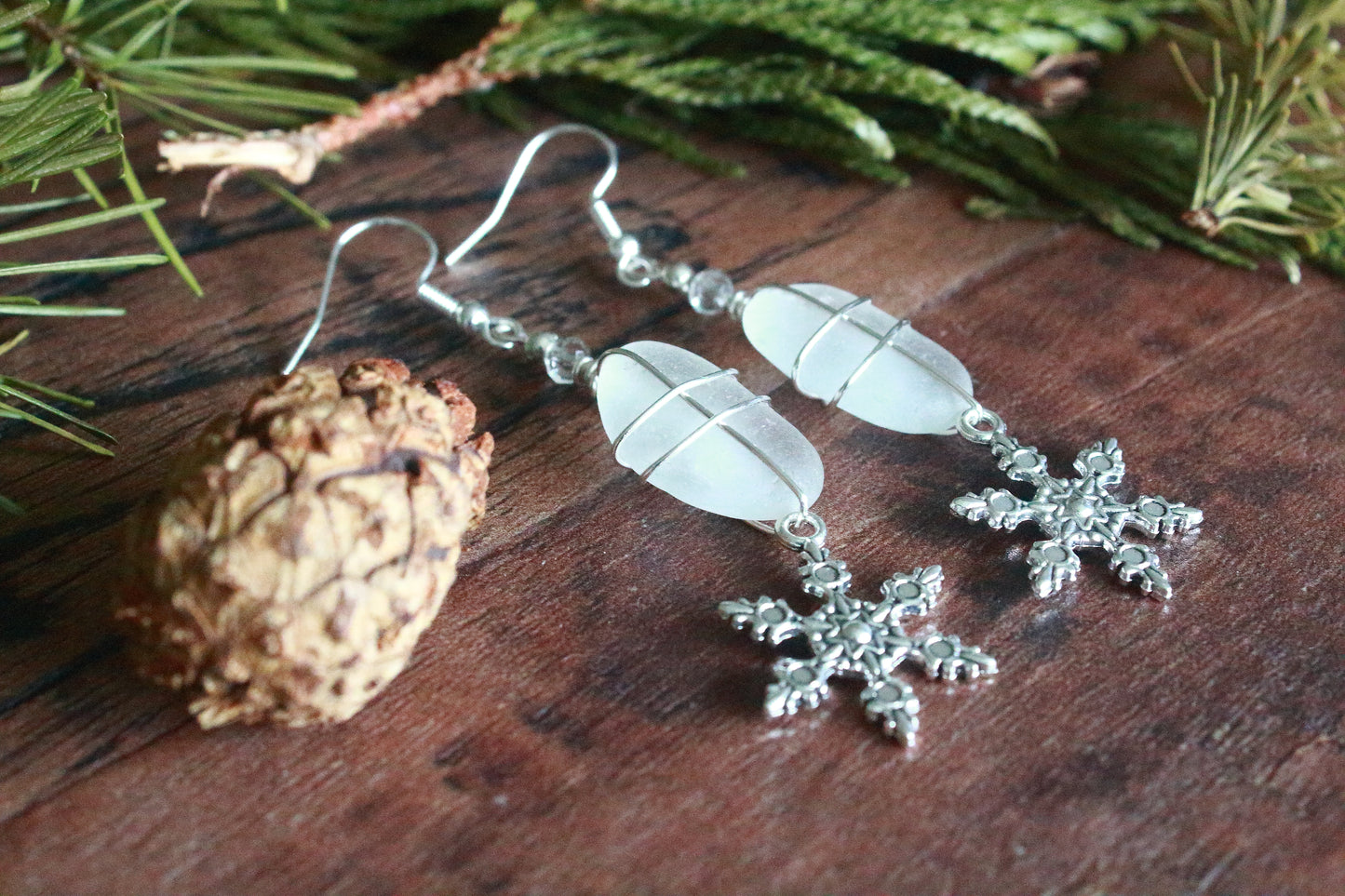 Winter Snowflake Charm Sea Glass Earrings