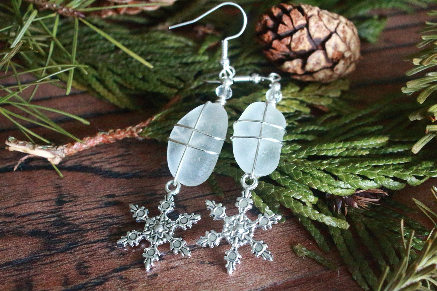 Winter Snowflake Charm Sea Glass Earrings
