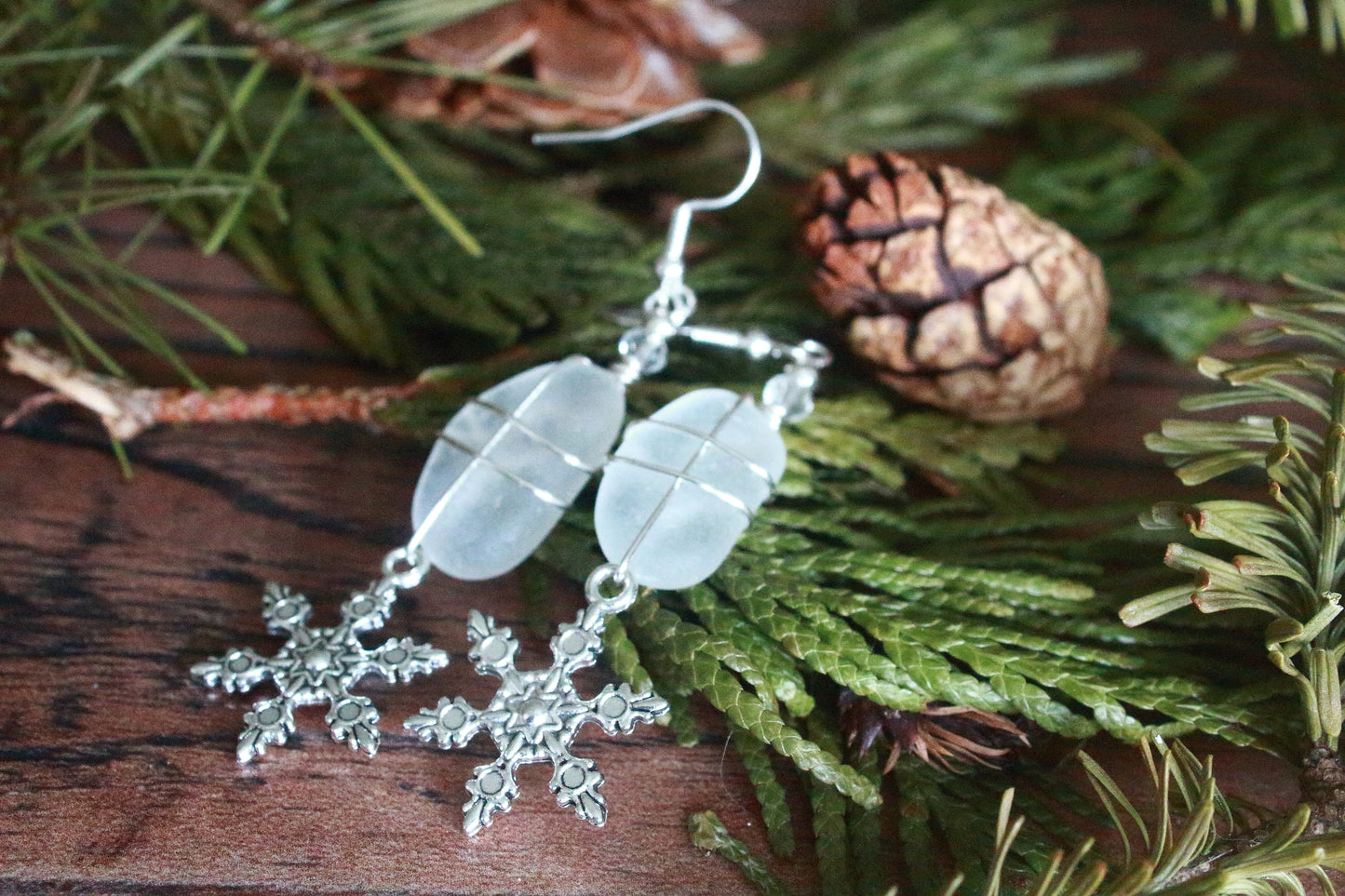 Winter Snowflake Charm Sea Glass Earrings