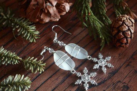 Winter Snowflake Charm Sea Glass Earrings