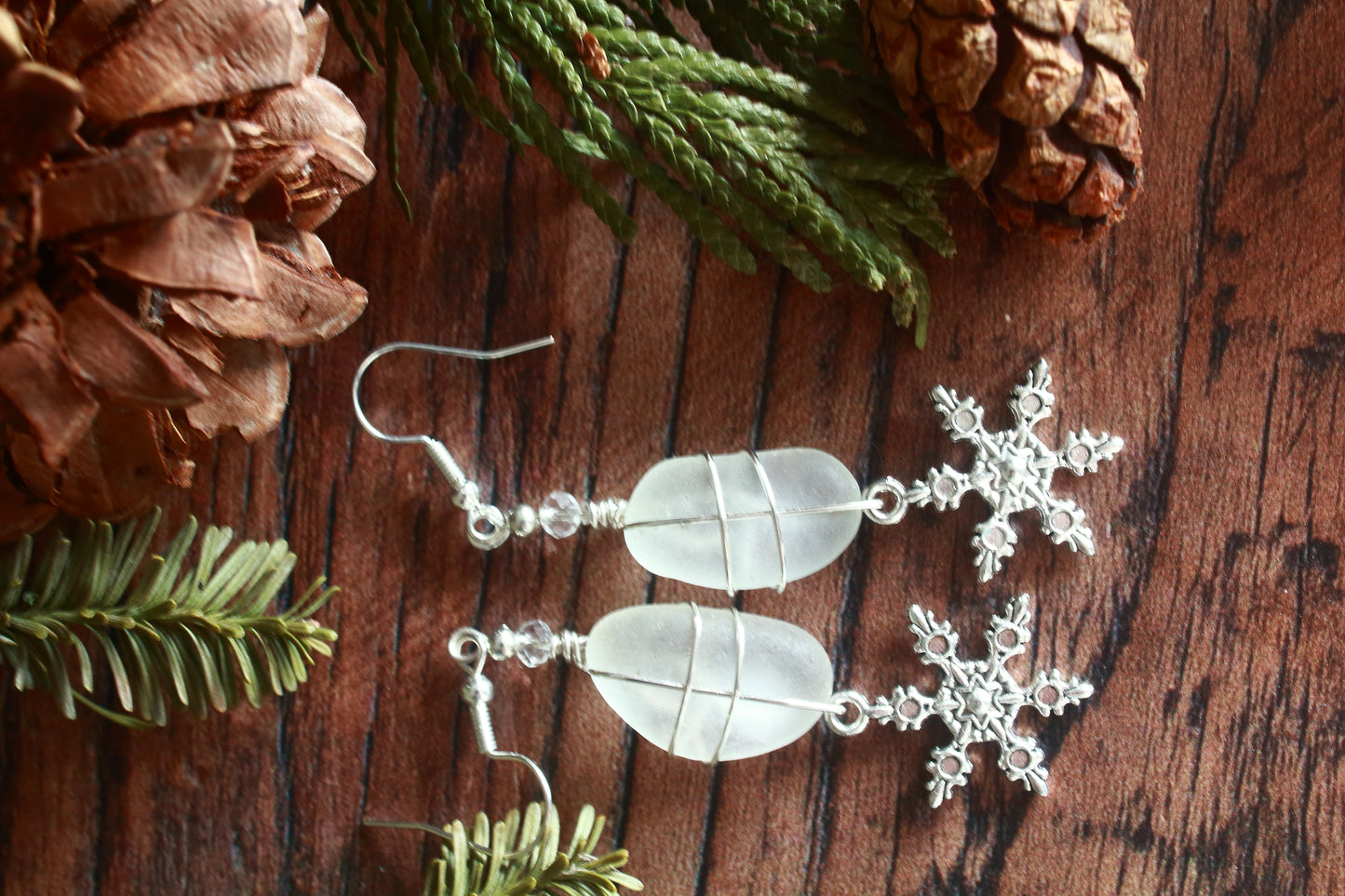 Winter Snowflake Charm Sea Glass Earrings