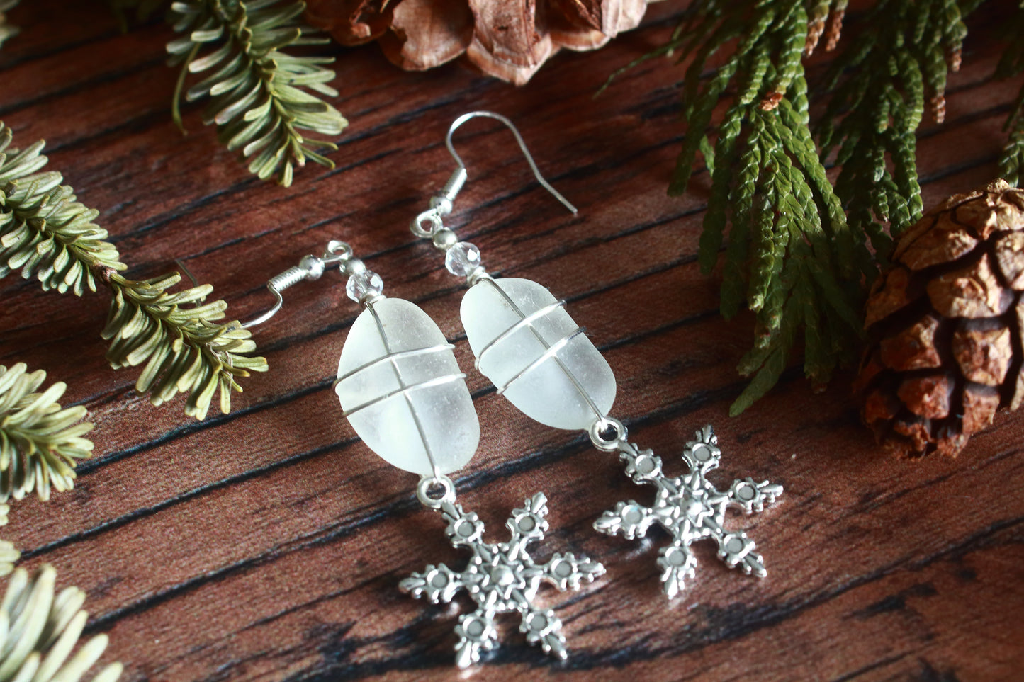 Winter Snowflake Charm Sea Glass Earrings