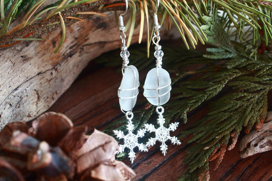 Winter Snowflake Charm Sea Glass Earrings
