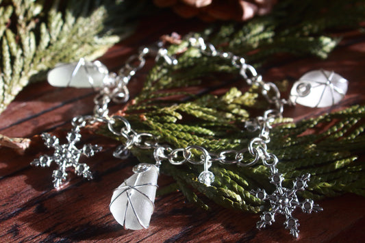 Winter Sea Glass Snowflake Charm Bracelet