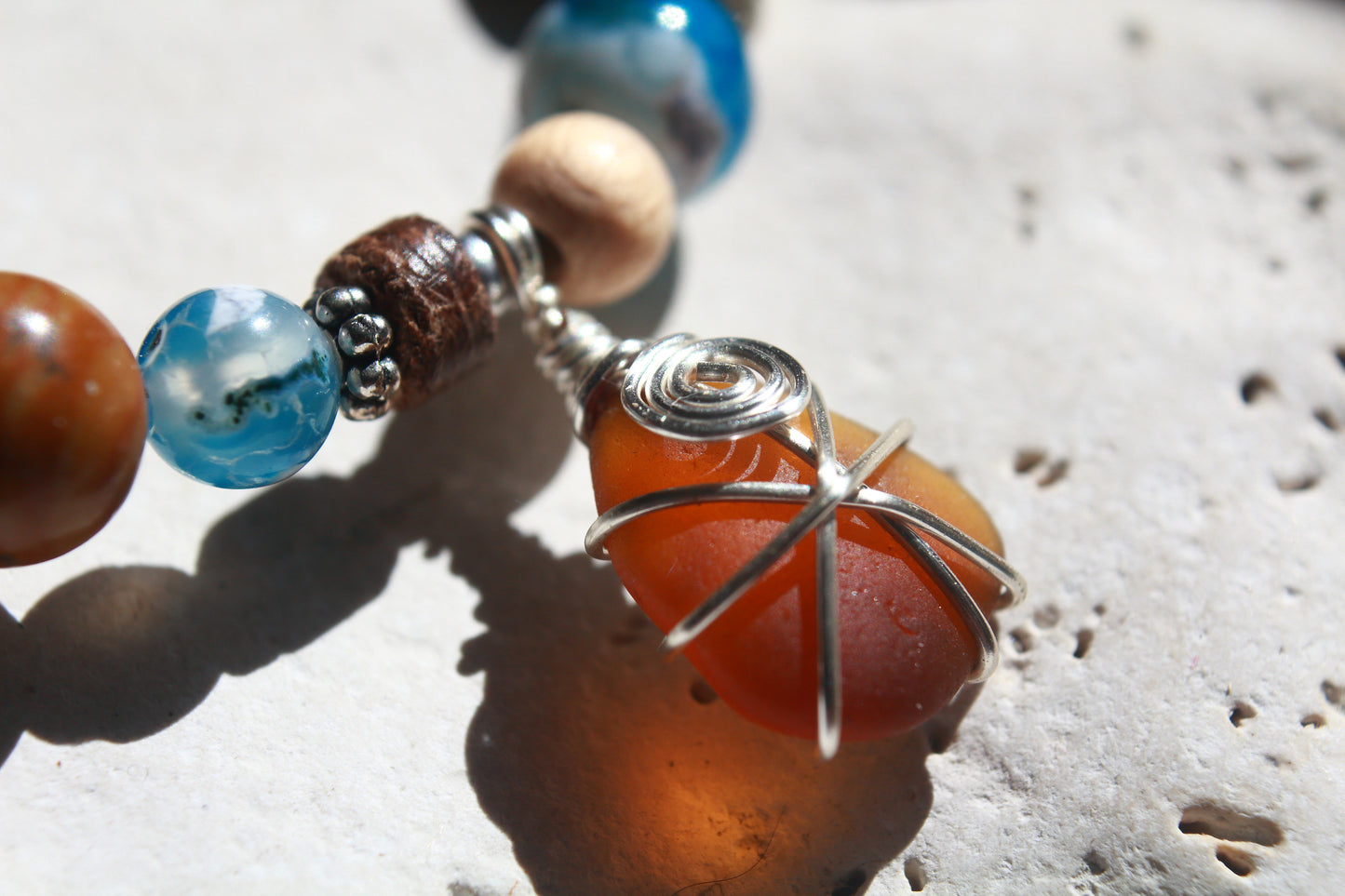 Ocean Blue & Brown Irish Sea Glass Beaded Bracelet