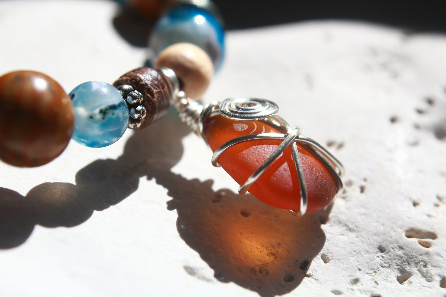 Ocean Blue & Brown Irish Sea Glass Beaded Bracelet