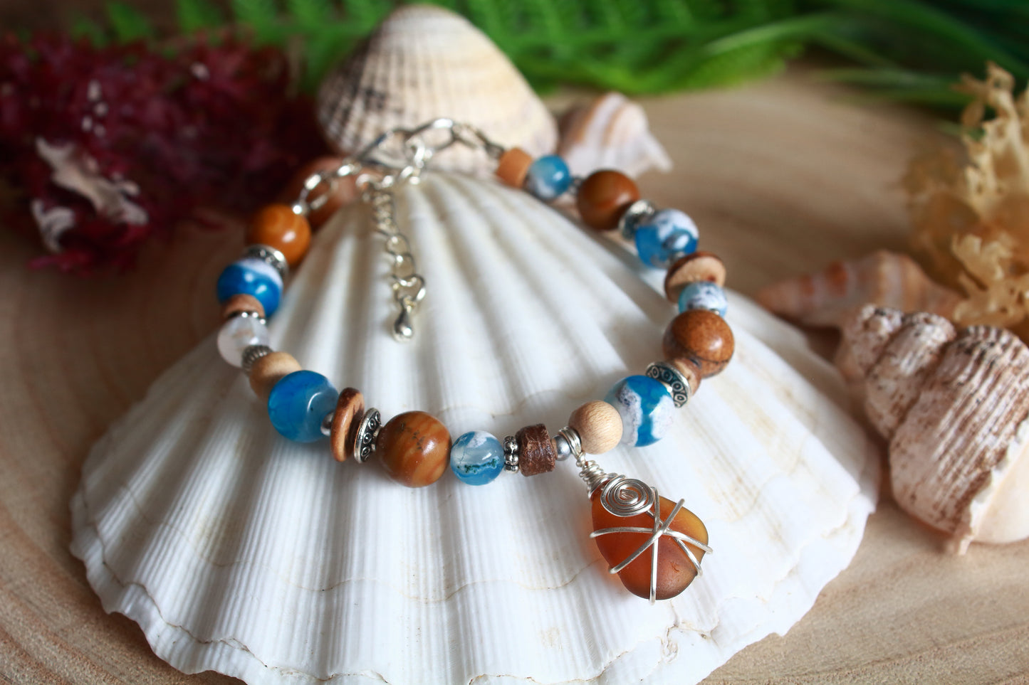 Ocean Blue & Brown Irish Sea Glass Beaded Bracelet