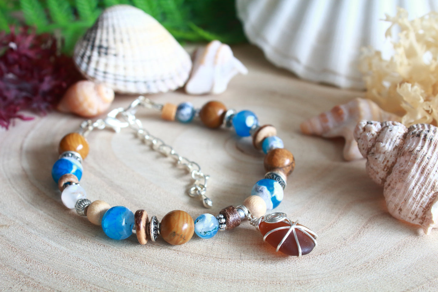 Ocean Blue & Brown Irish Sea Glass Beaded Bracelet