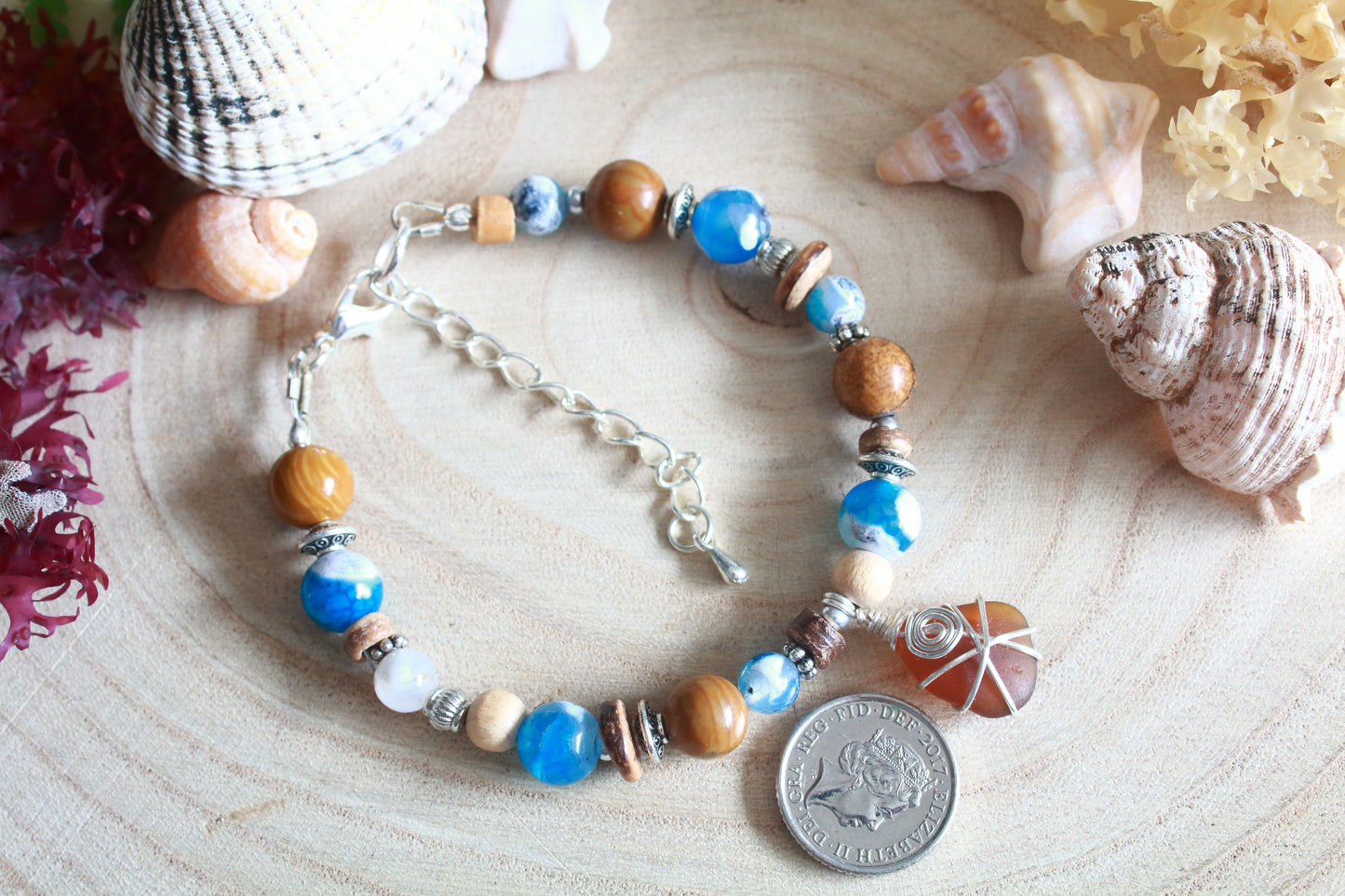 Ocean Blue & Brown Irish Sea Glass Beaded Bracelet