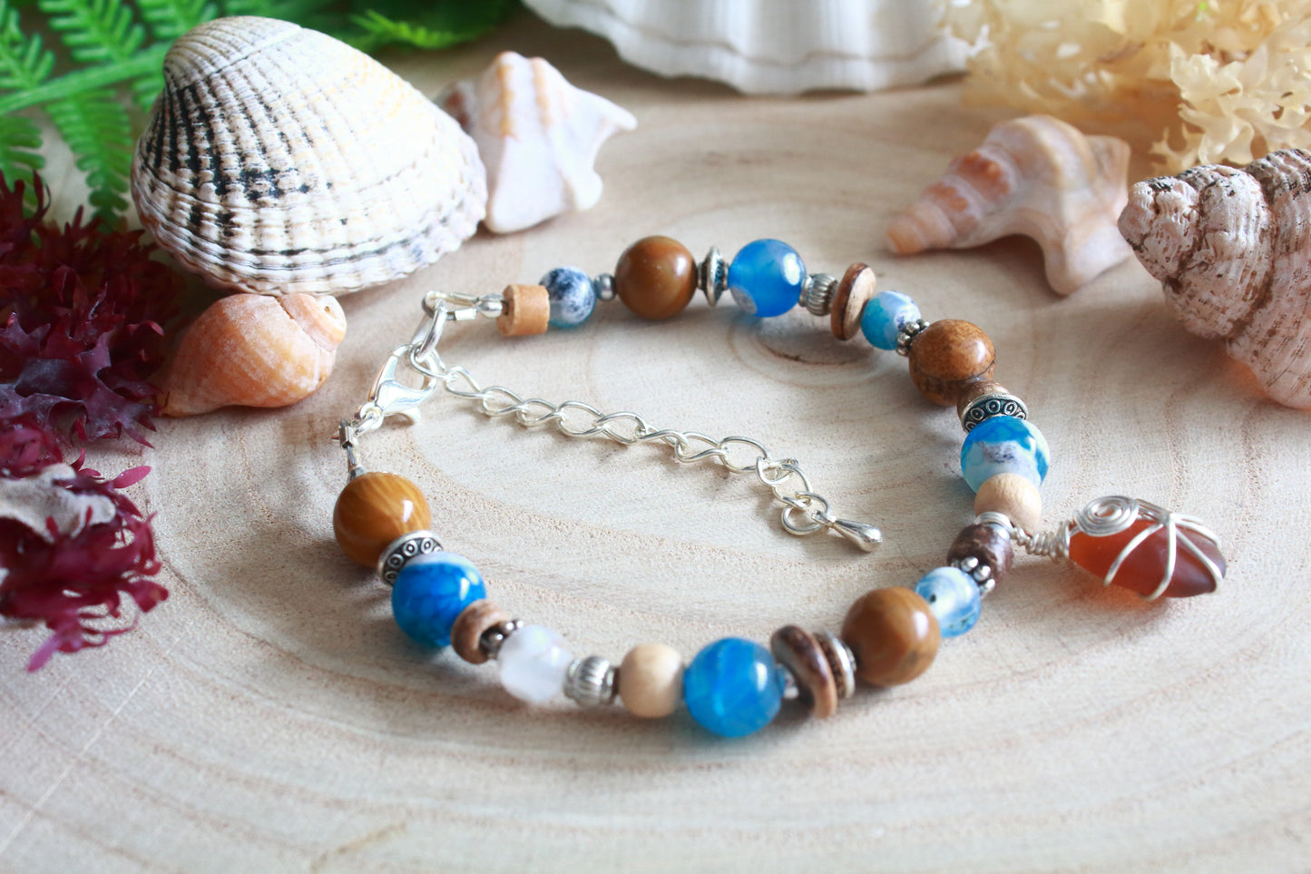 Ocean Blue & Brown Irish Sea Glass Beaded Bracelet