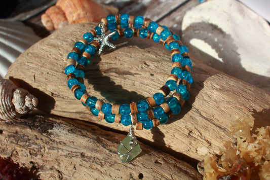 Ocean & Beach Teal Blue Irish Sea Glass Beaded Bracelet