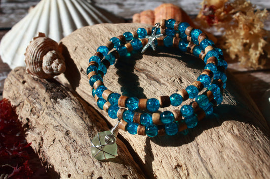 Ocean & Beach Teal Blue Irish Sea Glass Beaded Bracelet
