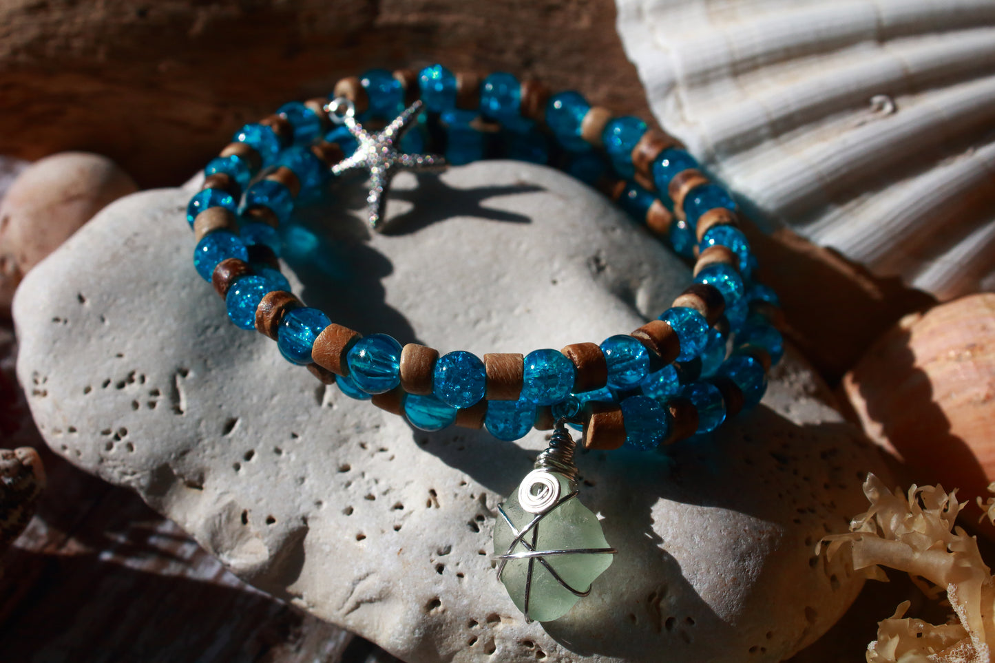 Ocean & Beach Teal Blue Irish Sea Glass Beaded Bracelet