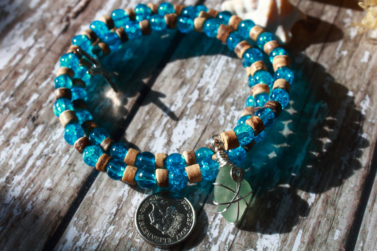 Ocean & Beach Teal Blue Irish Sea Glass Beaded Bracelet