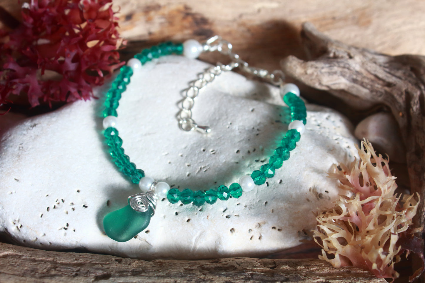Rare Teal Green Beaded Pearl Sea Glass Silver Bracelet