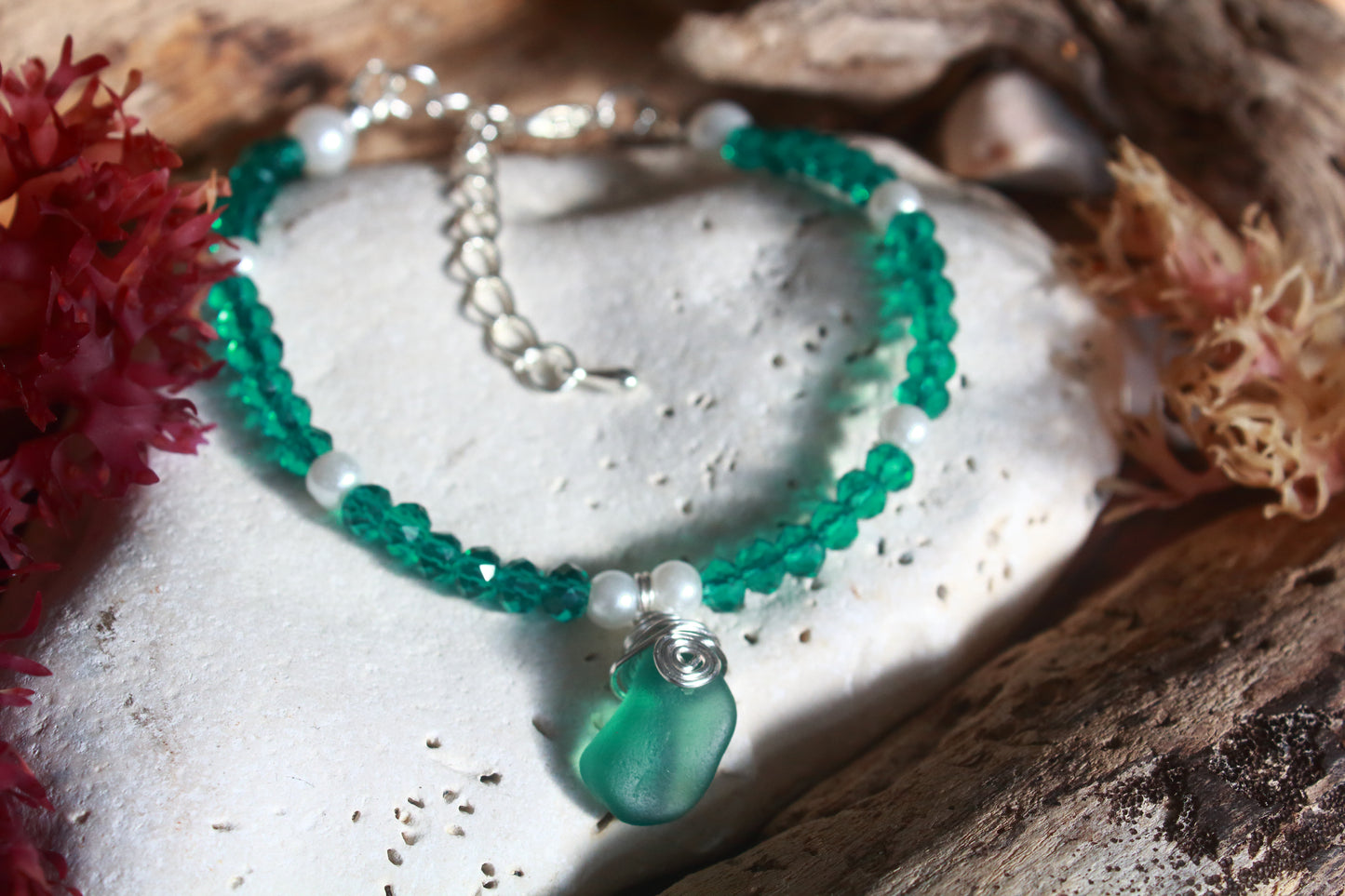 Rare Teal Green Beaded Pearl Sea Glass Silver Bracelet