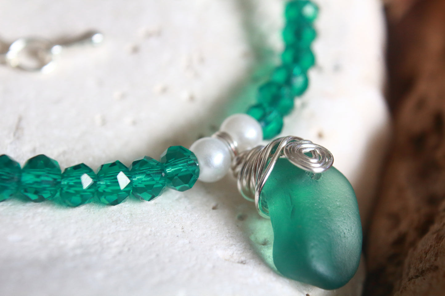 Rare Teal Green Beaded Pearl Sea Glass Silver Bracelet