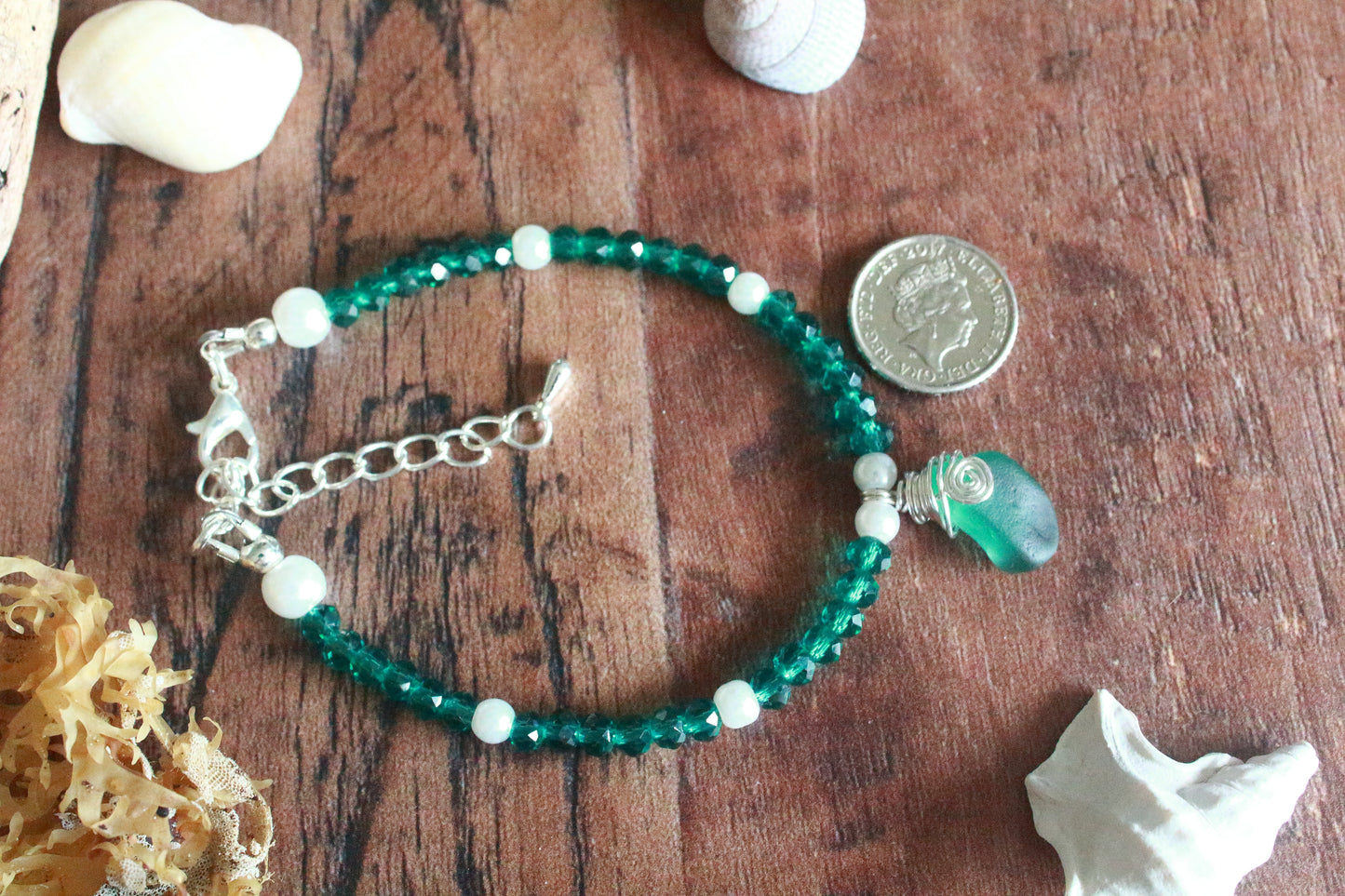 Rare Teal Green Beaded Pearl Sea Glass Silver Bracelet