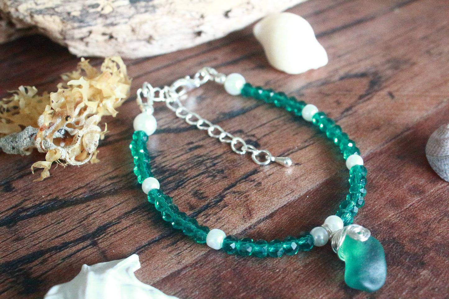 Rare Teal Green Beaded Pearl Sea Glass Silver Bracelet