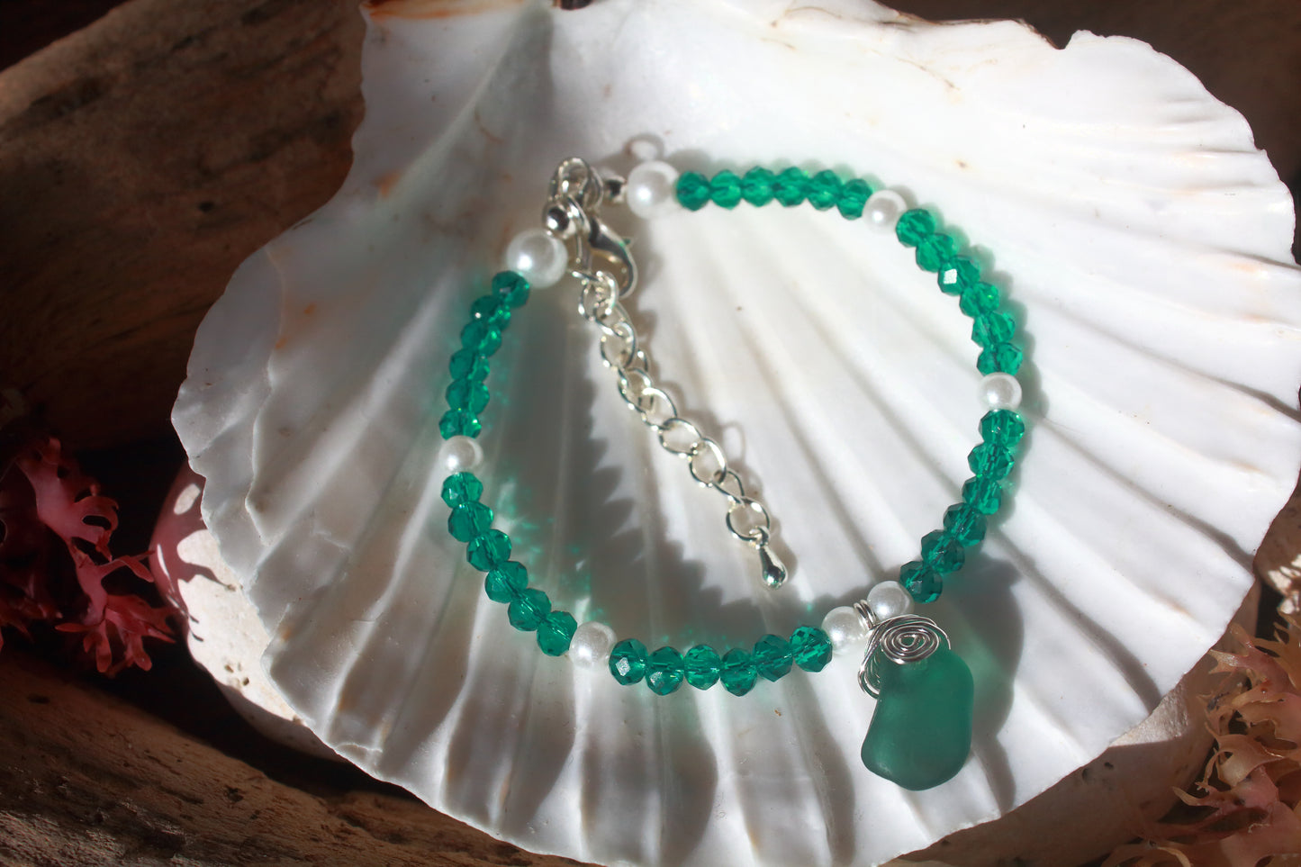 Rare Teal Green Beaded Pearl Sea Glass Silver Bracelet