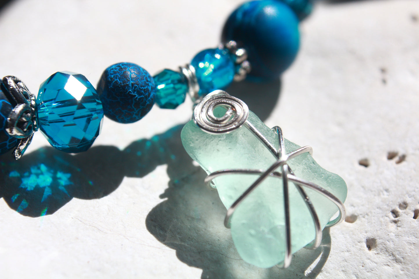 Teal Blue Irish Sea Glass Beaded Bracelet