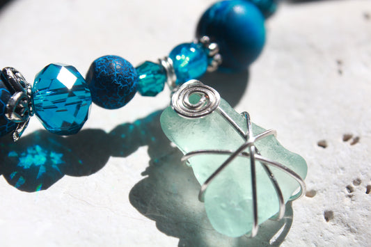 Teal Blue Irish Sea Glass Beaded Bracelet