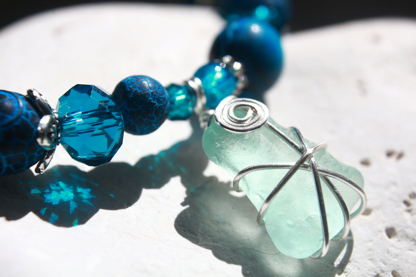 Teal Blue Irish Sea Glass Beaded Bracelet