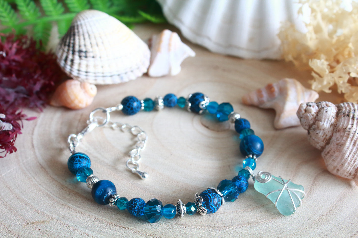 Teal Blue Irish Sea Glass Beaded Bracelet