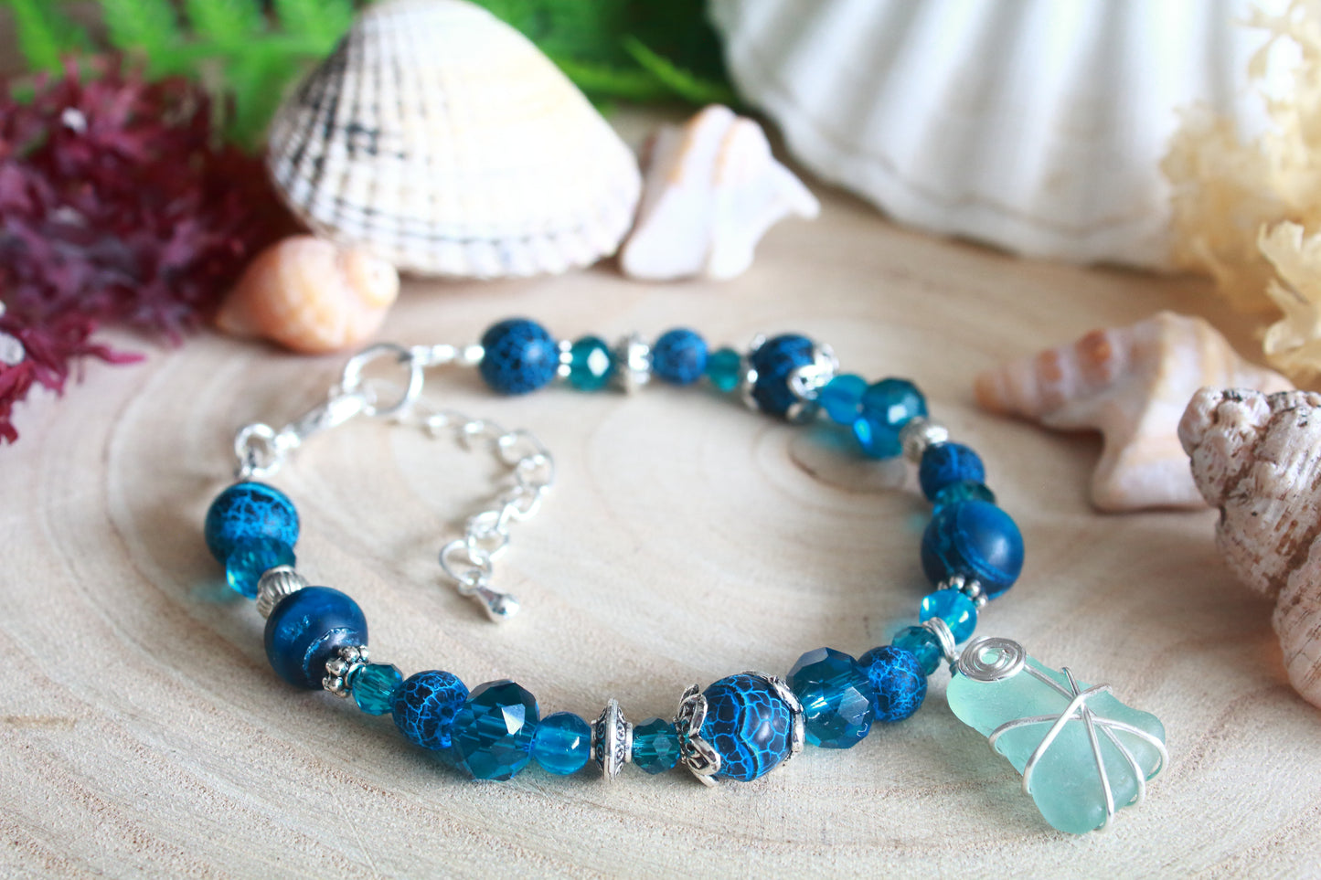 Teal Blue Irish Sea Glass Beaded Bracelet