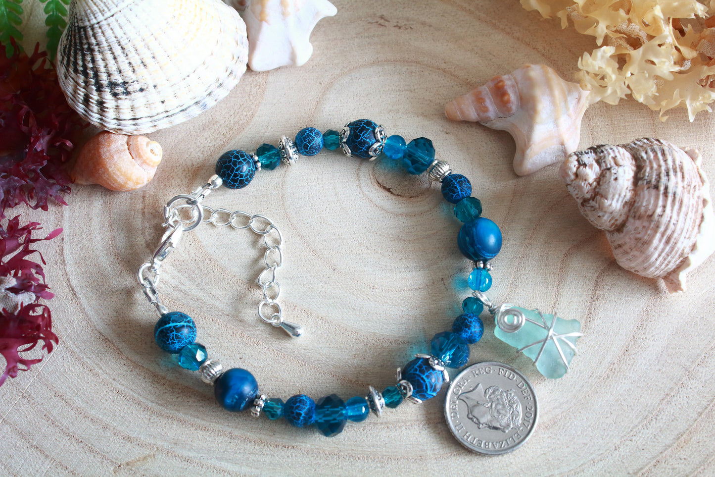 Teal Blue Irish Sea Glass Beaded Bracelet