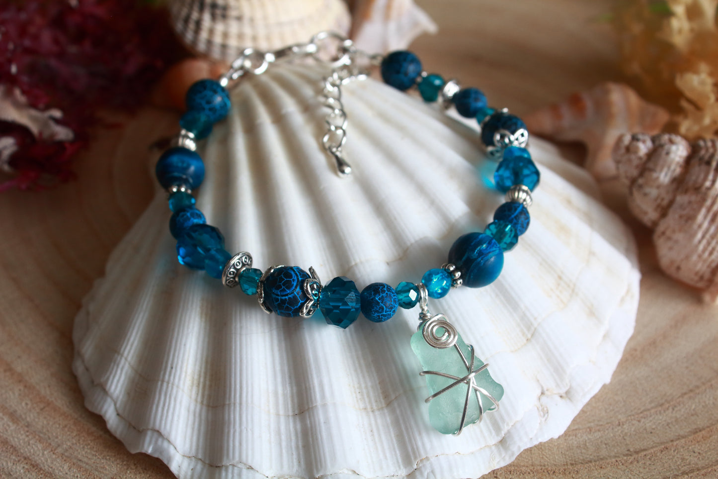 Teal Blue Irish Sea Glass Beaded Bracelet