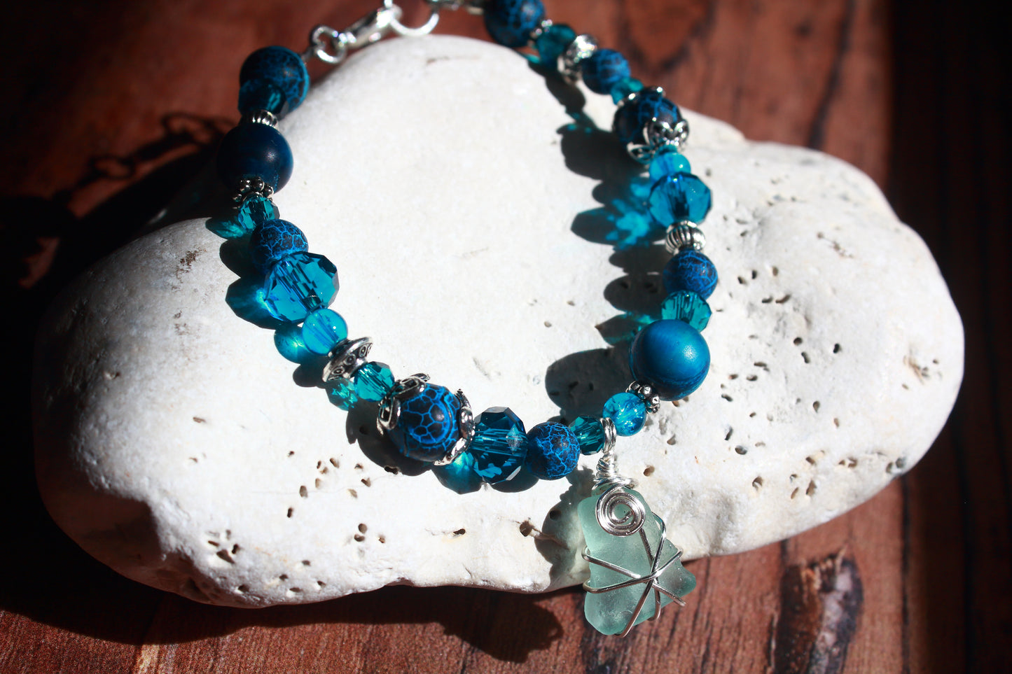 Teal Blue Irish Sea Glass Beaded Bracelet