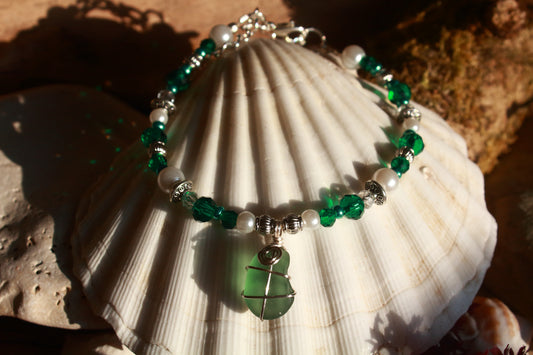 Teal Sea Glass & Pearl Beaded Bracelet