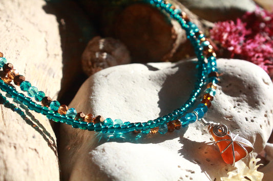 Teal & Brown Irish Sea Glass Beaded Choker