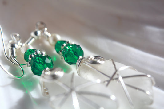 White Irish Sea Glass & Teal Green Beaded Earrings, Boho Irish Jewellery