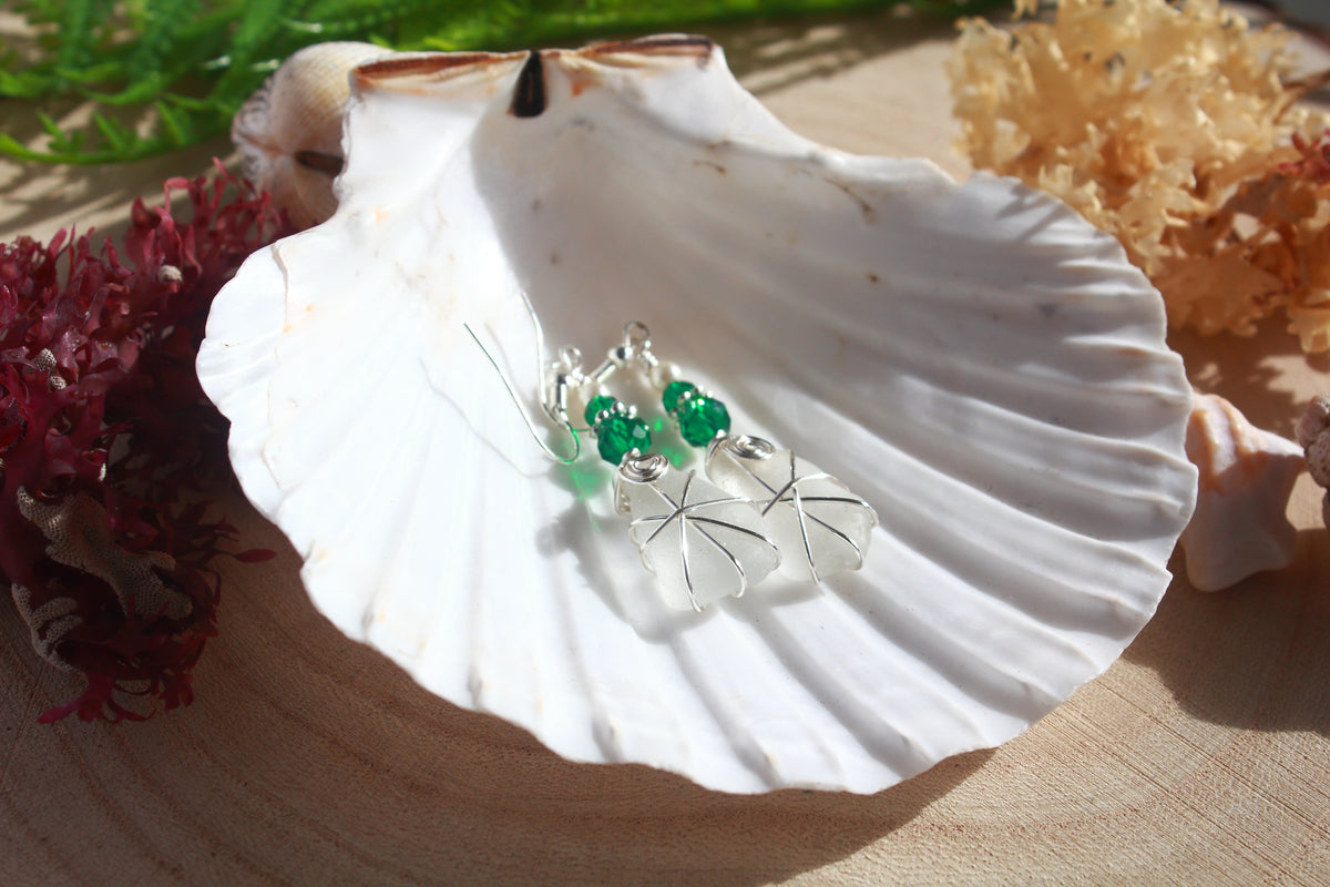 White Irish Sea Glass & Teal Green Beaded Earrings, Boho Irish Jewellery